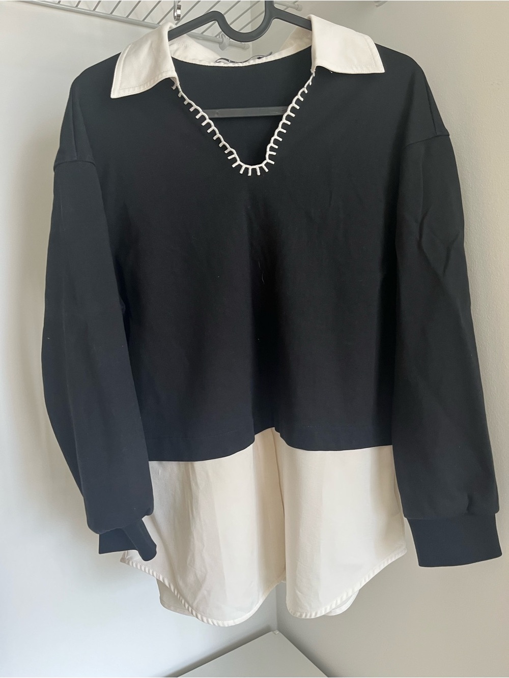 Elle Black and White Collared Layered-Look Sweatshirt